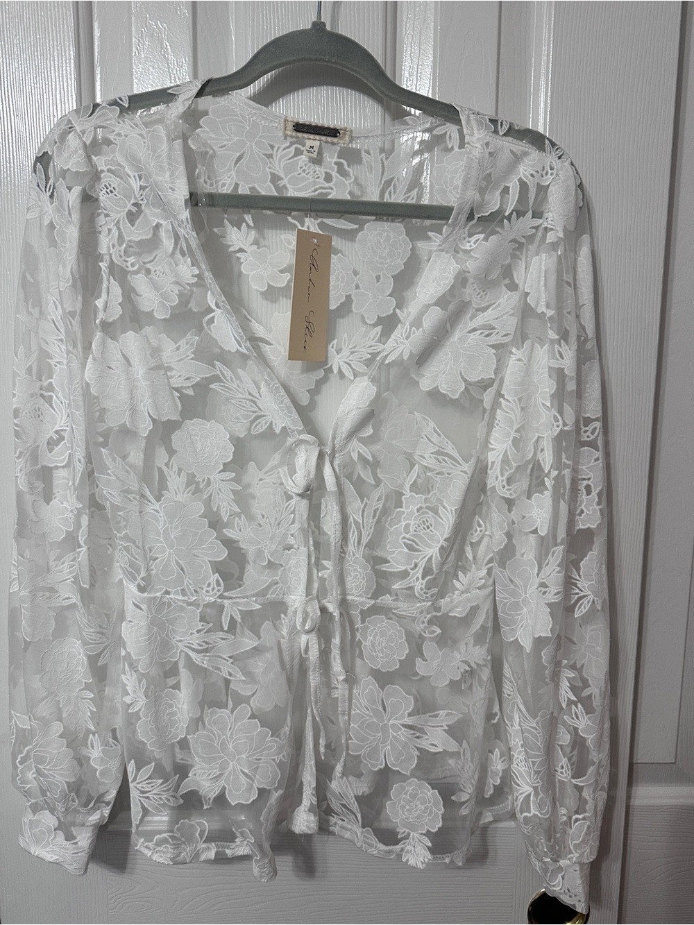 NWT Sheer Floral Tie-Front Cardigan Sweater - White